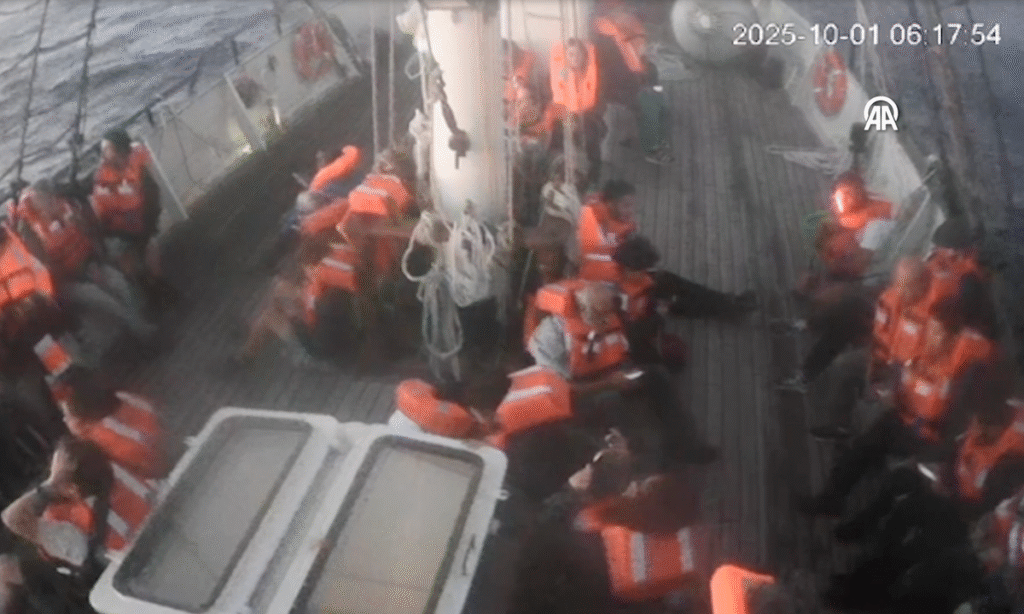 Global Sumud Flotilla activists brace in life jackets amid ‘failed Israeli interception’